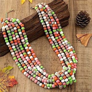 Boho Festival Wood Bead Necklace Multi-Color Strand Colorful Y2K Style